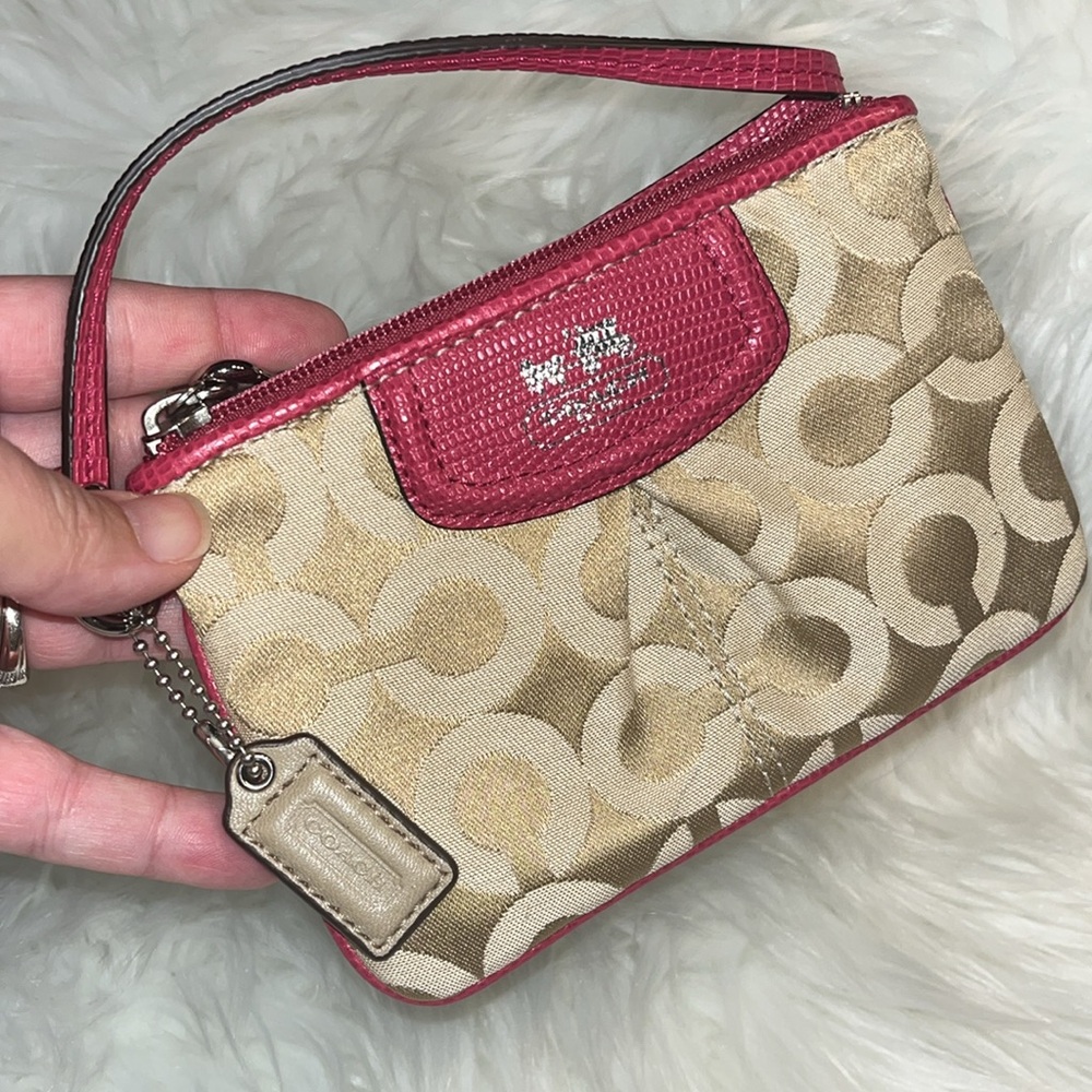 Coach Sateen Canvis Op Art C Monogrammed Wristlet w/ Snakeskin Embossed Leather